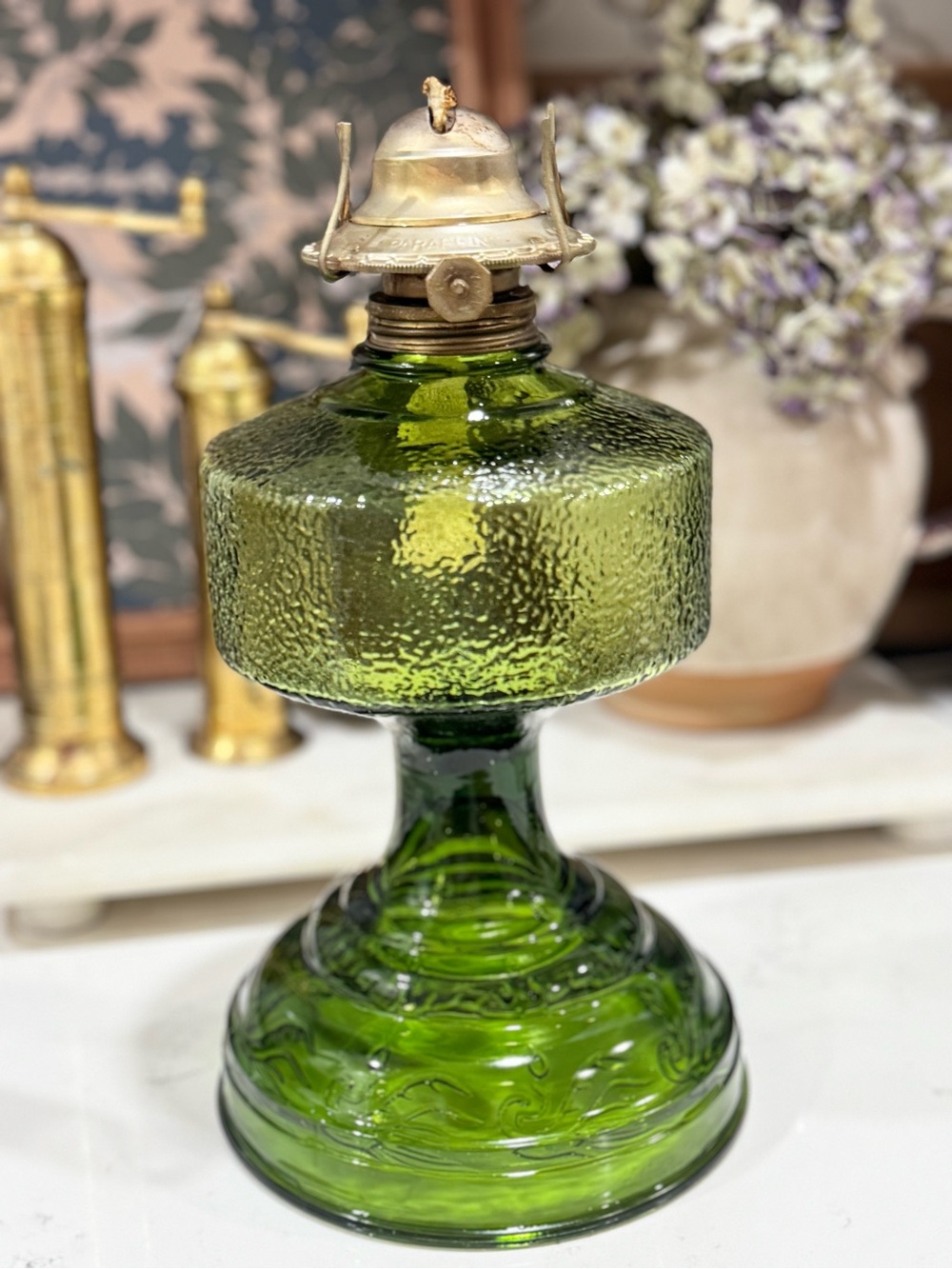 Vintage Large Olive green Glass Oil Lamp 11”